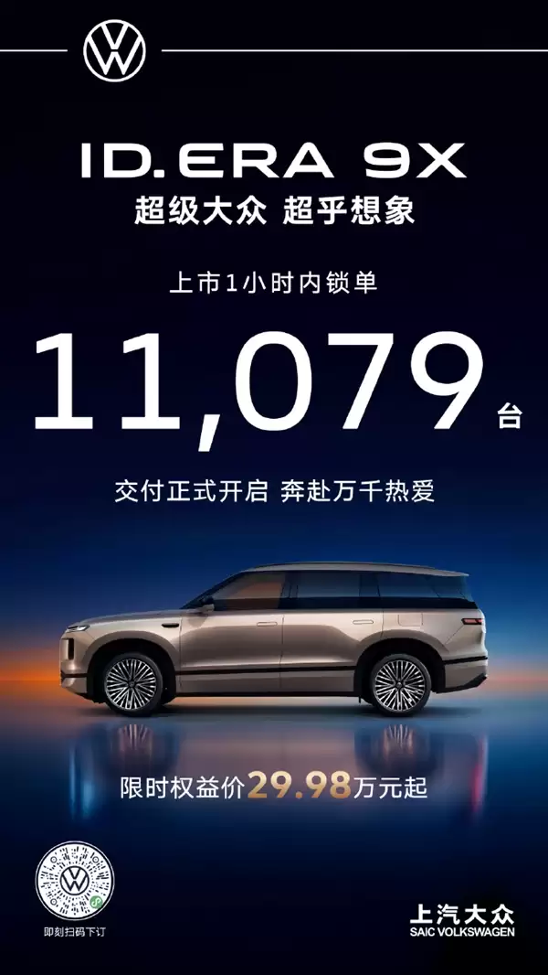 29.98万元起!大众ID.ERA 9X正式上市 1小时锁单1.1万台