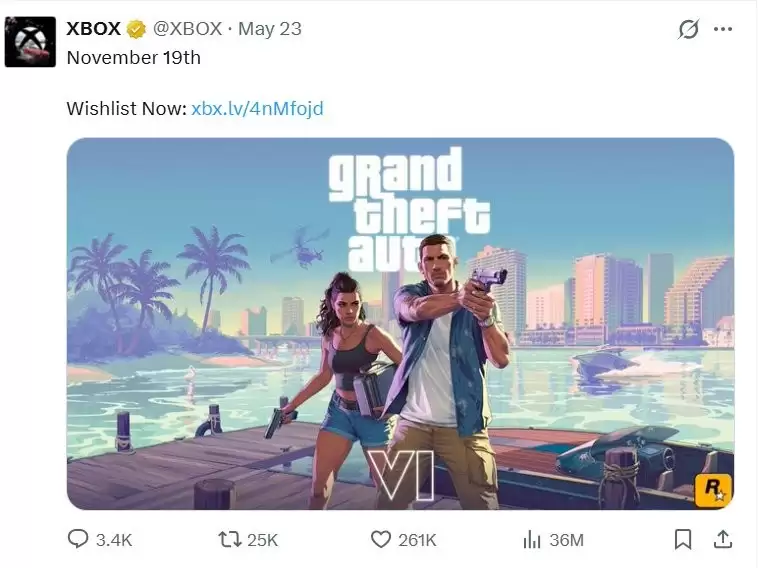 恐怖热度!Xbox发《GTA6》愿望单提醒获3600万浏览量