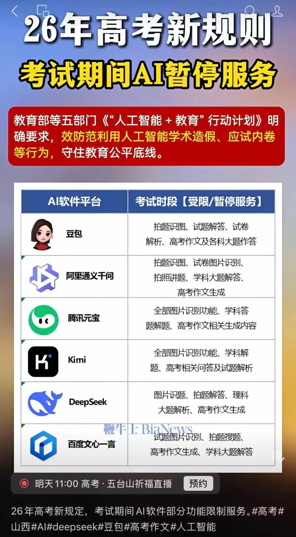 26年高考期间六大AI平台部分功能限制服务