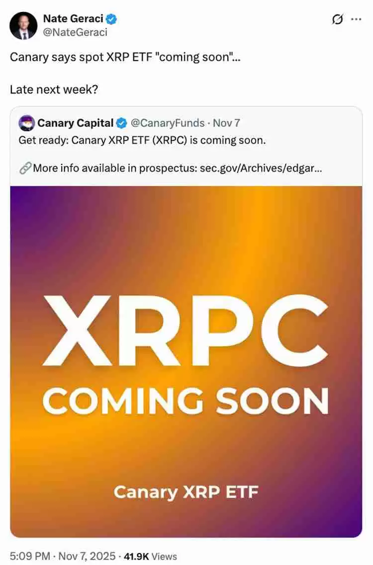 ETF专家Nate Geraci社交动态截图 分析师解读XRP ETF市场预期