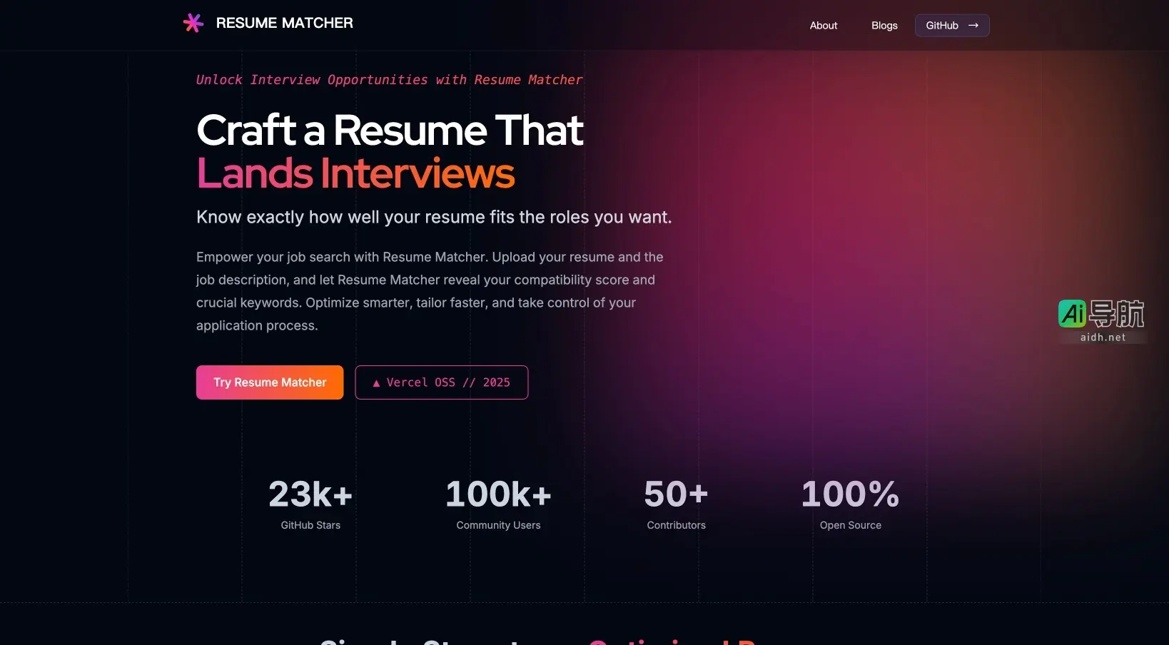Resume Matcher 是一个免费开源工具，帮助求职者优化简历以匹配职位描述，提高面试机会