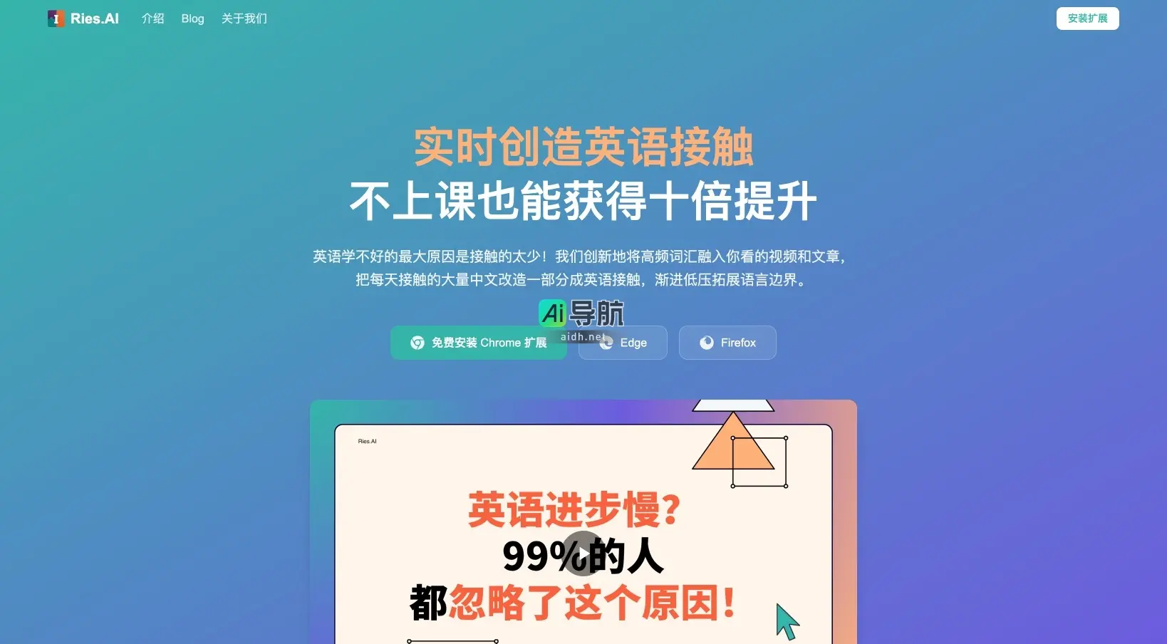Ries.AI 通过AI技术将用户日常接触的中文内容转化为英语，轻松提升语言能力