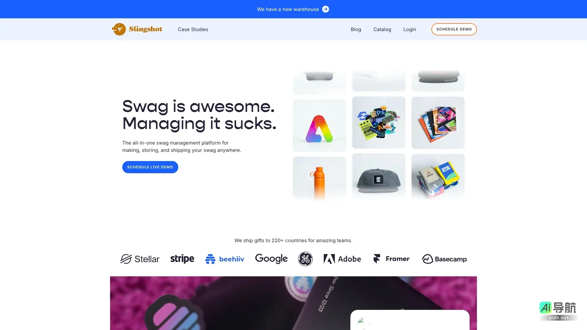 Slingshot 是全方位的企业周边管理平台，简化定制、存储和配送流程