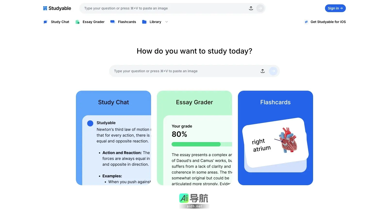 Studyable 是一个智能学习助手，提供聊天、作文评分和闪卡等功能，帮助学生高效学习