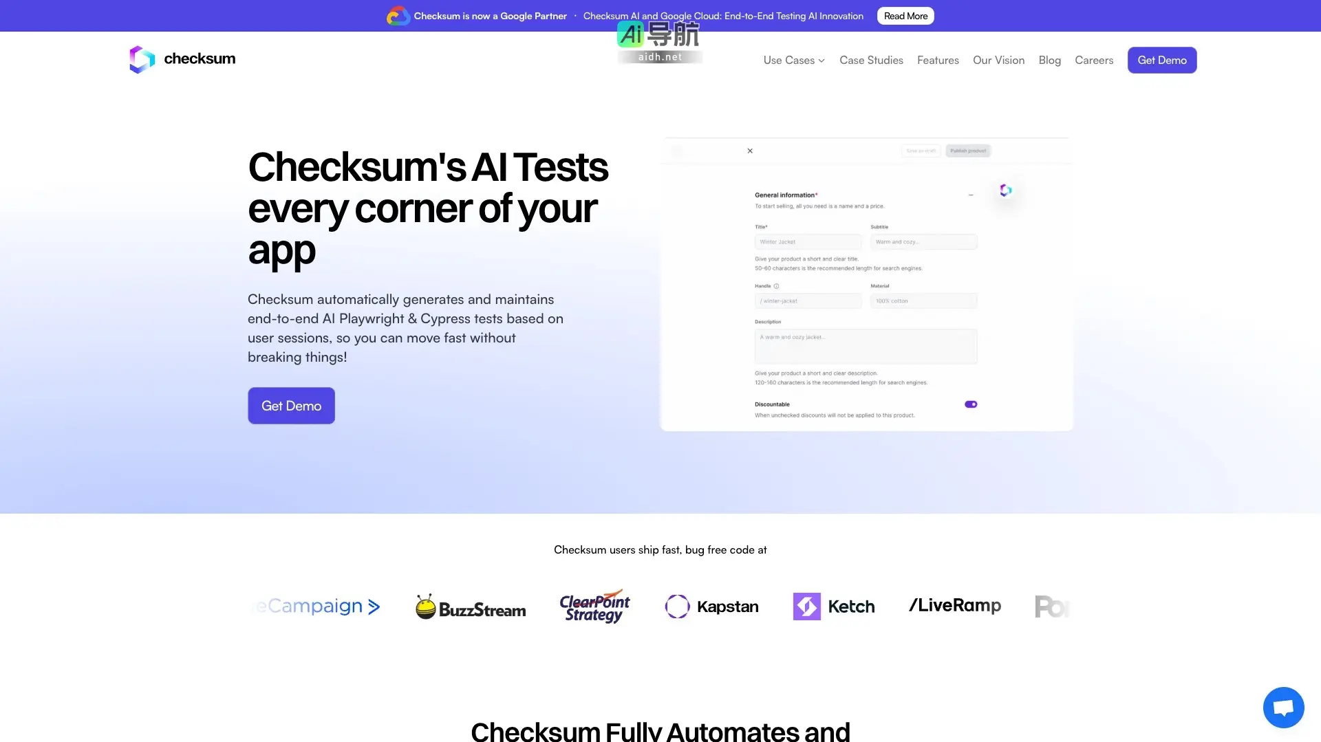 Checksum 通过AI自动生成和维护端到端测试，帮助开发者快速无误地发布代码