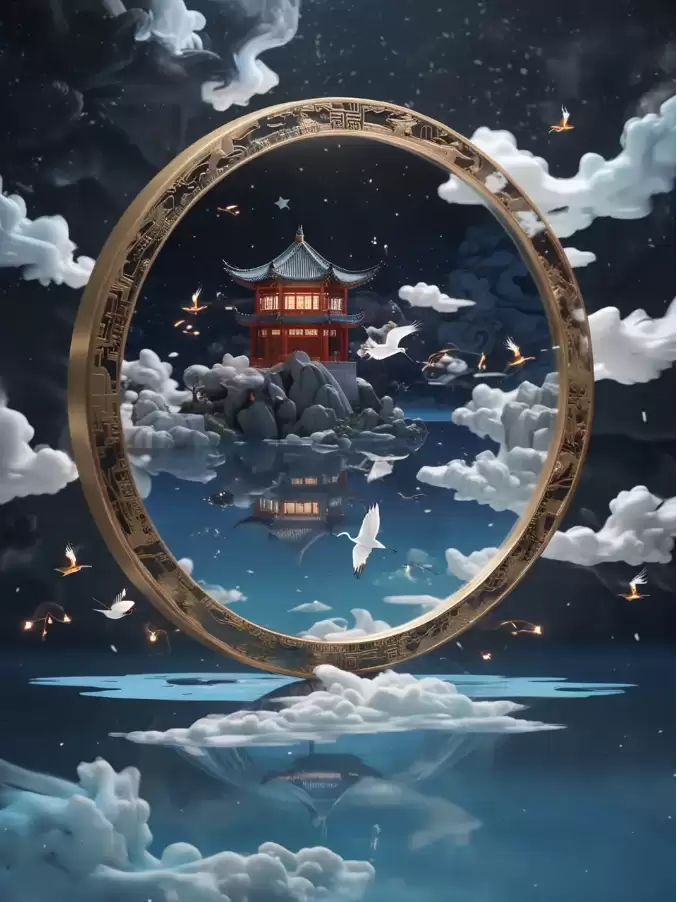 镜中花园风格示意图:古典园林中的圆镜映射出星空仙鹤,内外光影交织