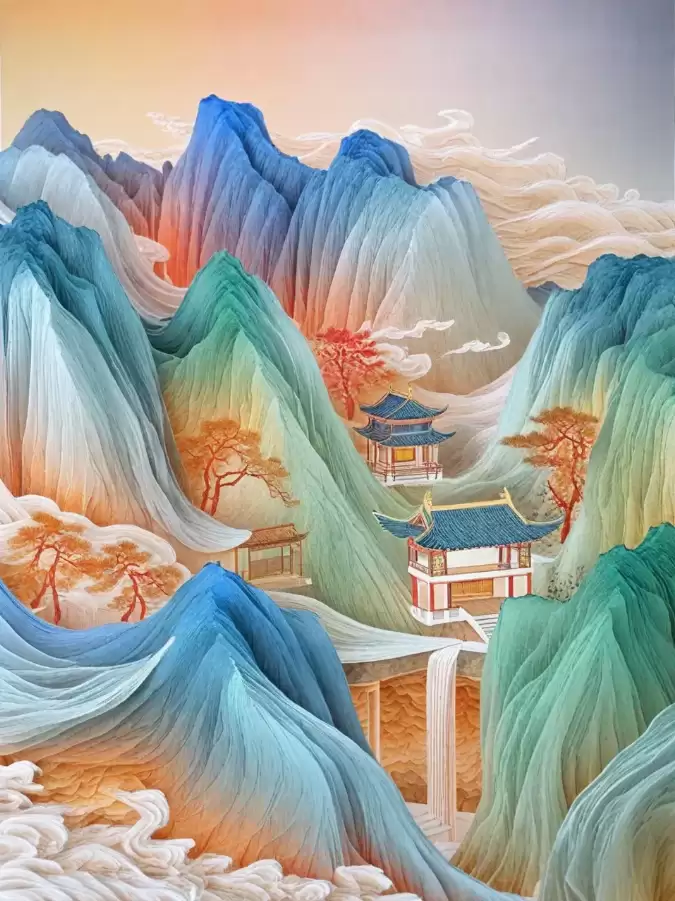 纸雕建筑风格示意图:立体纸雕与中式山水结合,呈现半透明、禅意的效果