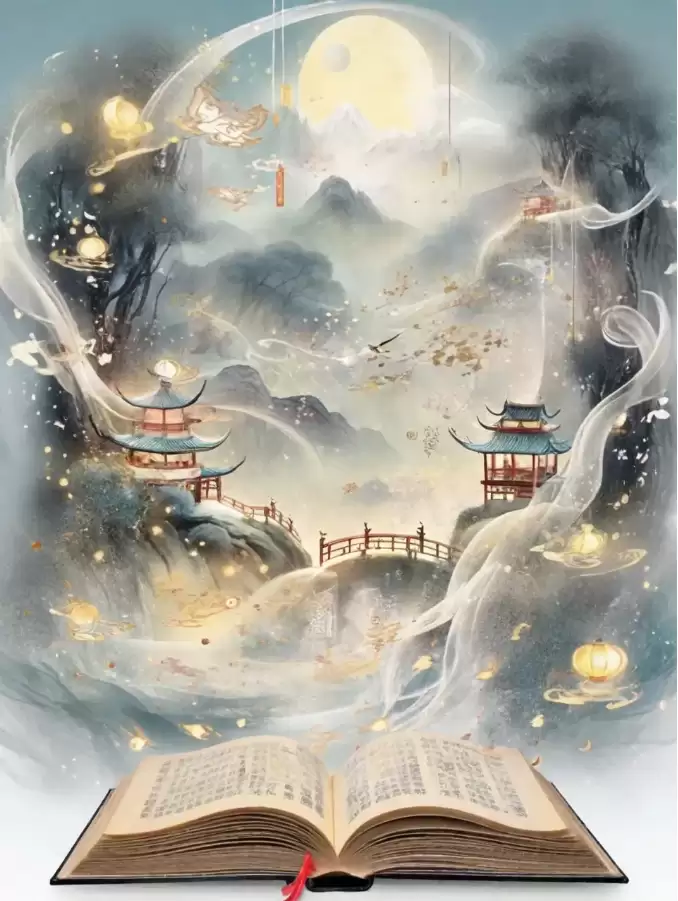 书中奇妙世界风格示意图:古风书页中飘出水墨字体与微小人物,营造梦幻仙境感