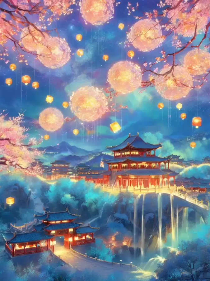 盛世长安夜景风格示意图:融合极光星空的繁华古城,呈现炫彩立体的国风仙境