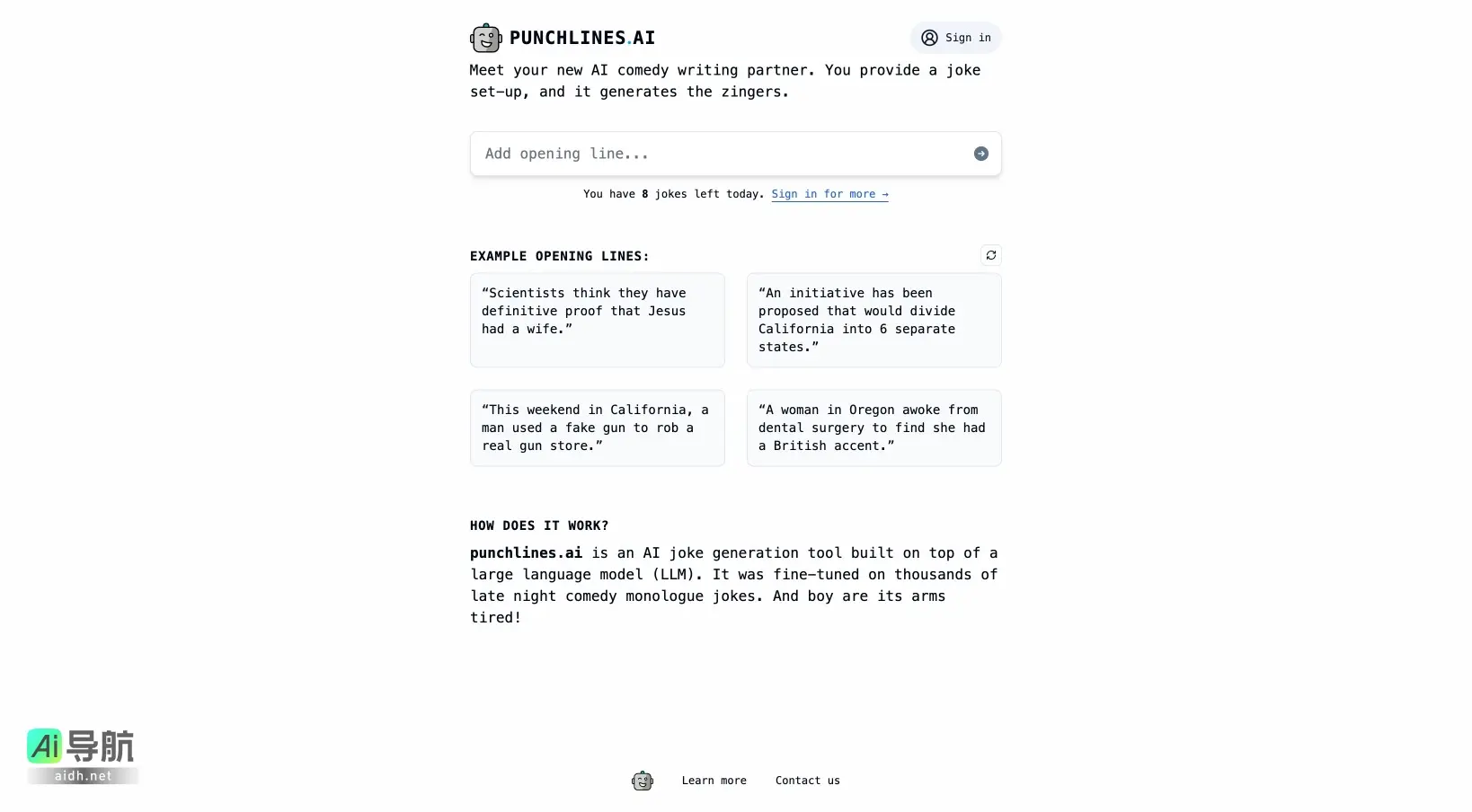 punchlines.ai Punchlines.ai 是一个AI笑话生成工具，帮助用户快速创作幽默段子