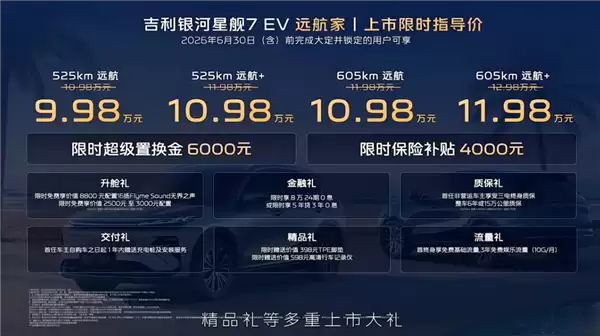 最大续航605km!吉利银河星舰7 EV远航家上市:限时9.98万起