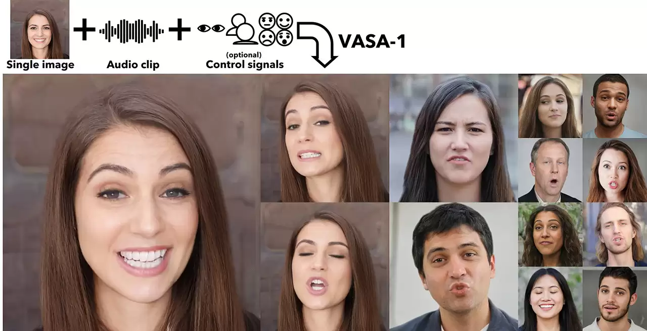 微软VASA-1官网-单张肖像照片 + 语音音频 = 实时生成的超现实说话脸部视频,具有精确的唇音同步、逼真的面部行为和自然的头部运动