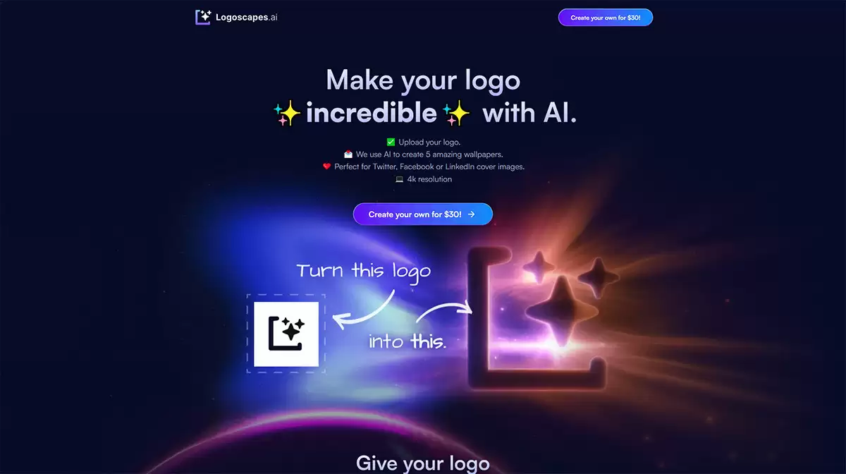 Logoscapes官网-Logoscapes是一个基于人工智能，提供生成个性化logo壁纸服务的网站，可以通过上传logo并使用人工智能技术只需几个简单的步骤即可生成5种不同风格的壁纸