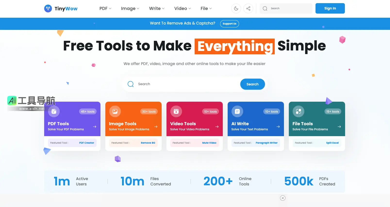TinyWow 专注于 PDF、图像、视频、文本等文件的编辑和转换