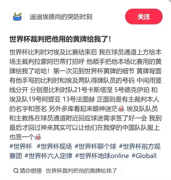 中国球迷拿到世界杯主裁判的黄牌:围观者纷纷羡慕