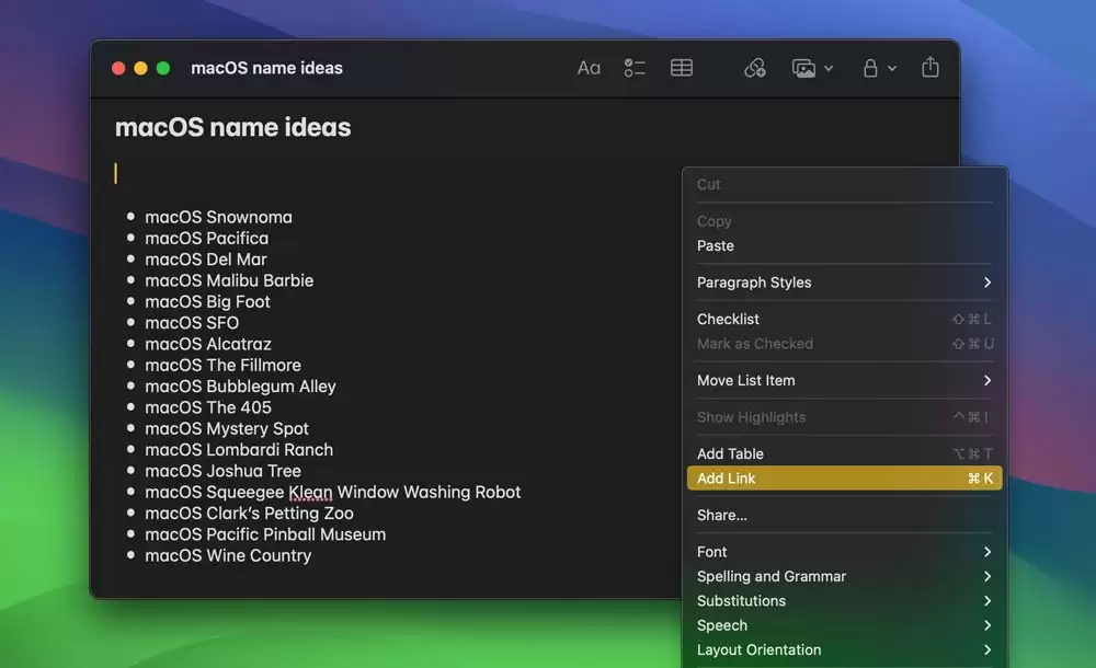 苹果 macOS Sonoma备忘录 Notes链接到应用中其它笔记的教程