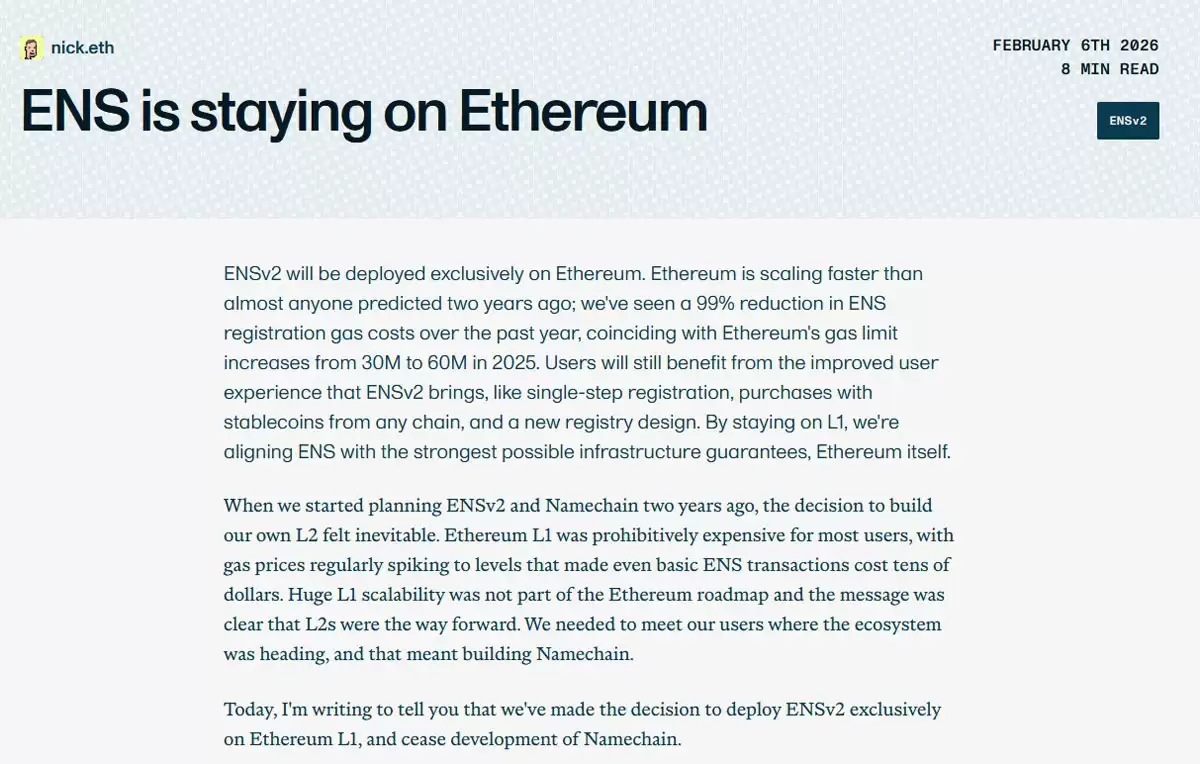 ENS因以太坊扩容放弃L2 Namechain，转向主网升级