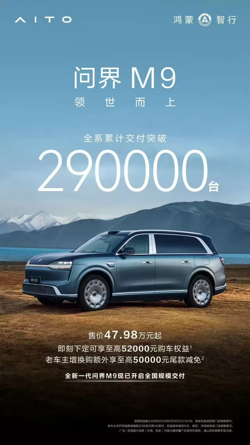 鸿蒙智行:问界 M9 全系累计交付突破 29 万台