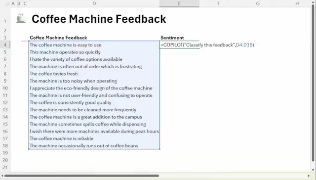 A moving image of a Microsoft Excel spreadsheet compiling and categorizing feedback on a coffee machine by positive or negative sentiment.