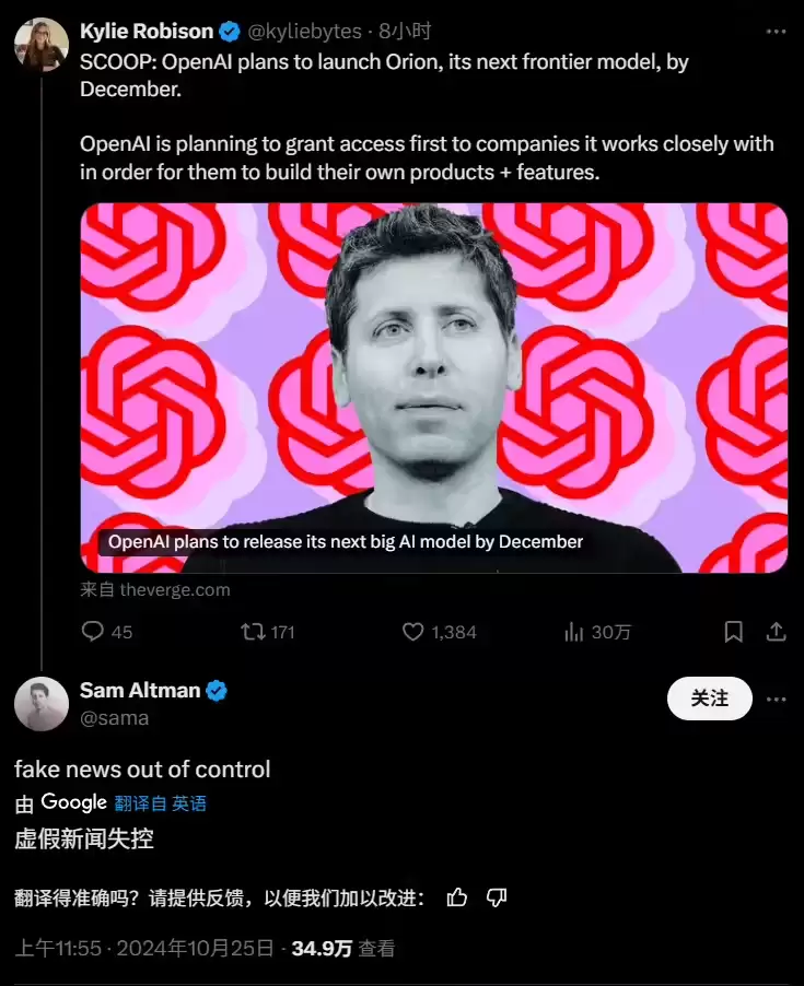阿尔特曼回应 OpenAI 计划推出下一代模型 Orion:假消息失控了