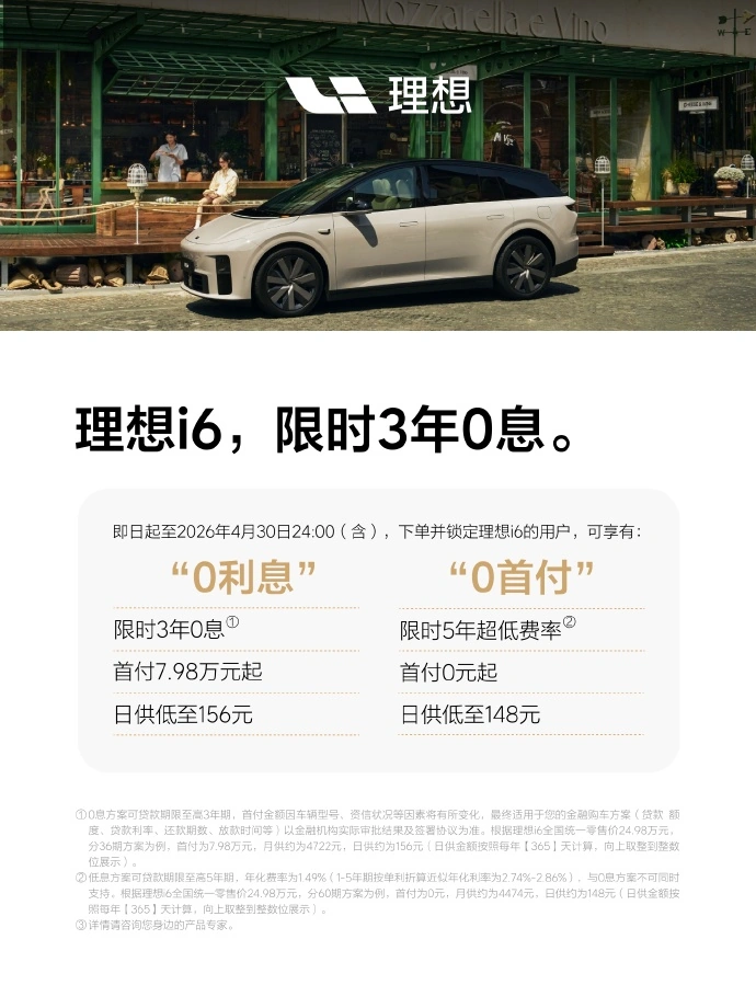理想 i6 推出 4 月购车权益:限时 3 年 0 息、5000 元现金优惠等