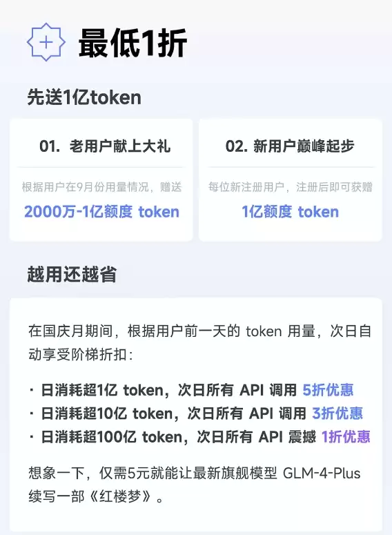 智谱 AI 宣布 10 月最低 1 折开放全部官方模型 API，每位用户可获 1 亿 token 额度