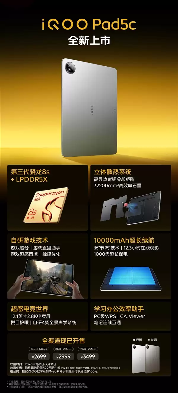 2699元起!iOO Pad5c发布:12.1英寸大屏+第三代骁龙8s