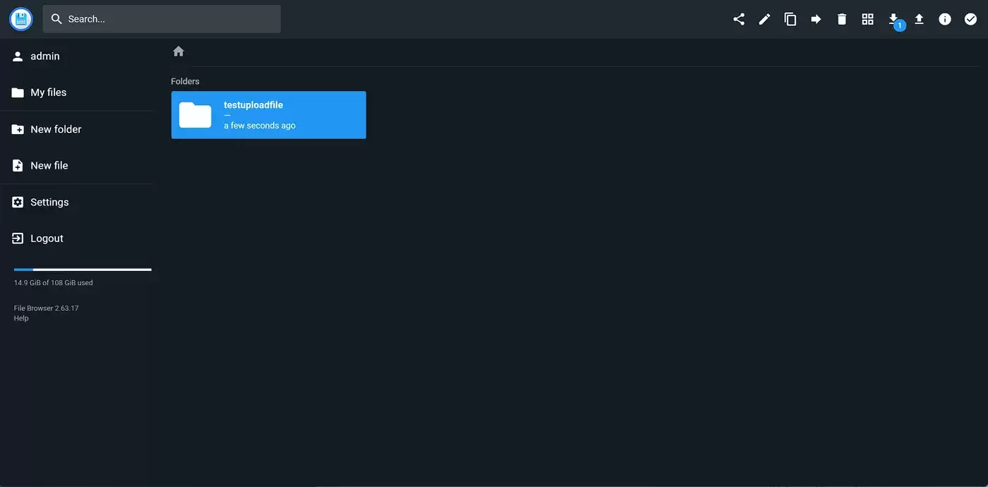 File Browser 根目录：Folders 区域显示 testuploadfile 文件夹