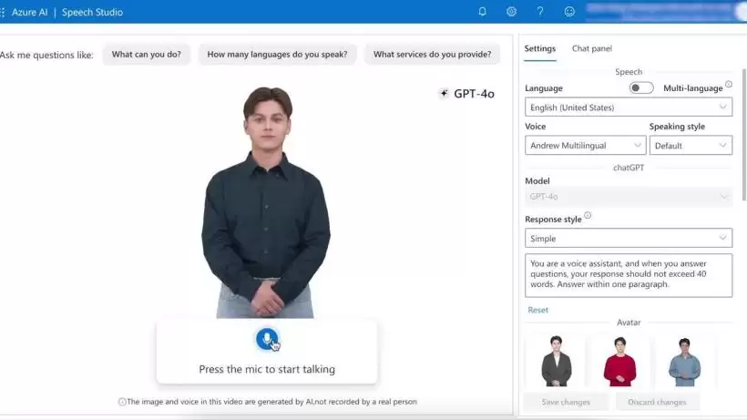 微软 Azure AI 语音服务推出虚拟人形象,支持文本转视频