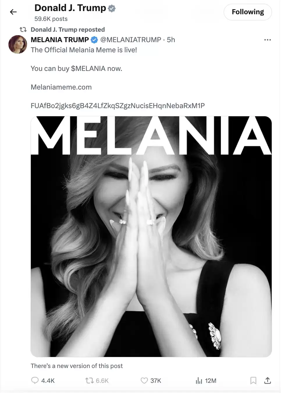 特朗普夫人凌晨发币:MELANIA市值站上180亿后腰斩!