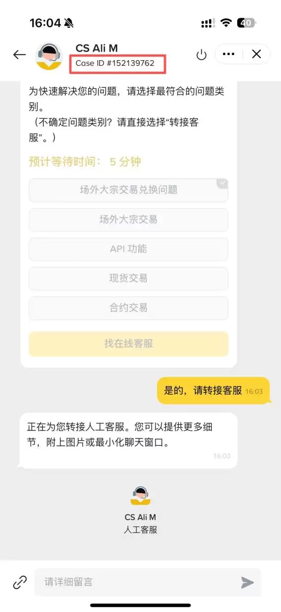 币安客服对话记录续接界面示意图