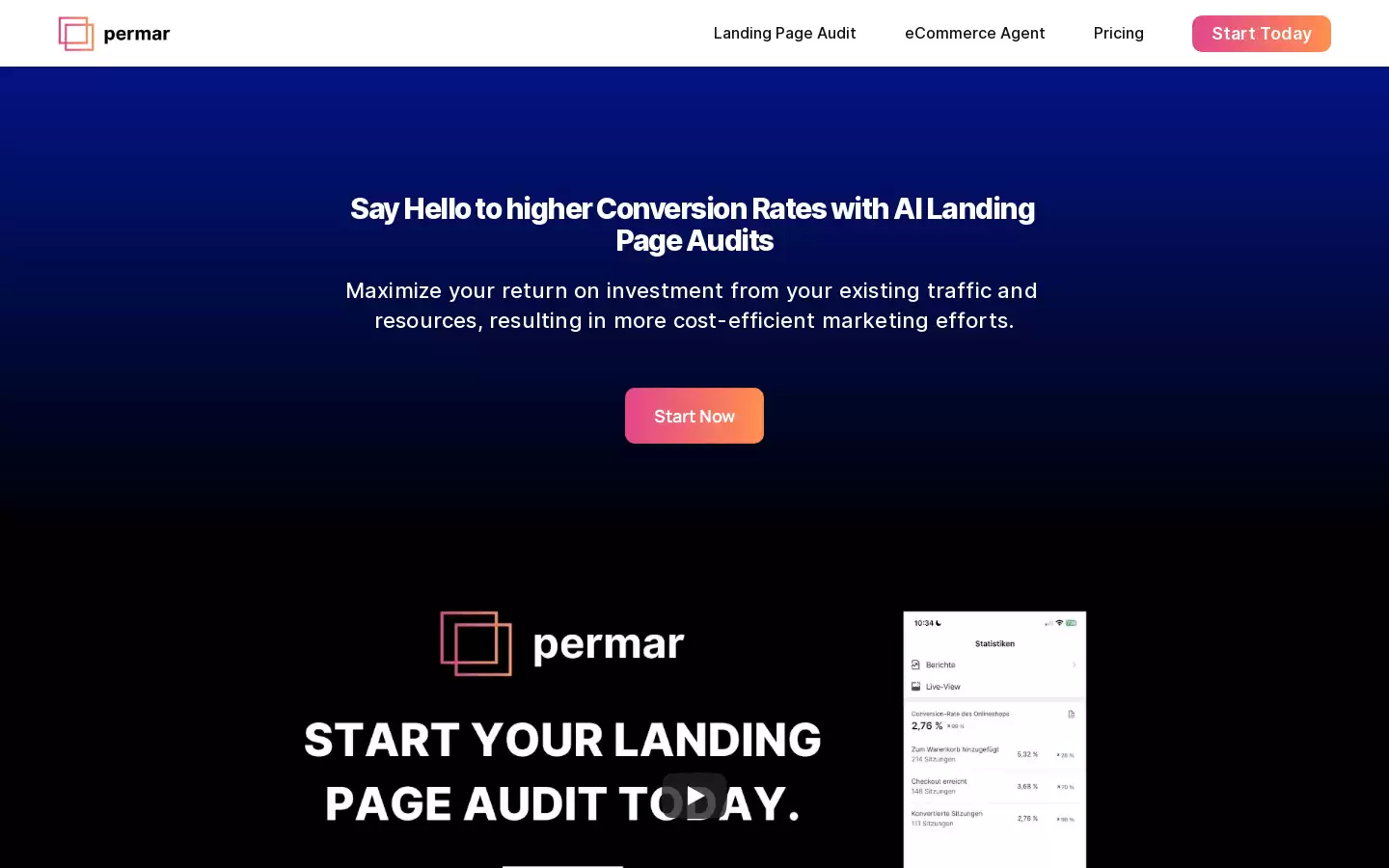 AI Landing Page Audit : Permar通过AI智能分析网站和营销渠道,提供高转化率的建议。