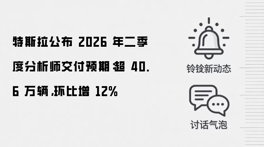 特斯拉公布2026年二季度分析师交付预期:超40.6万辆,环比增12%