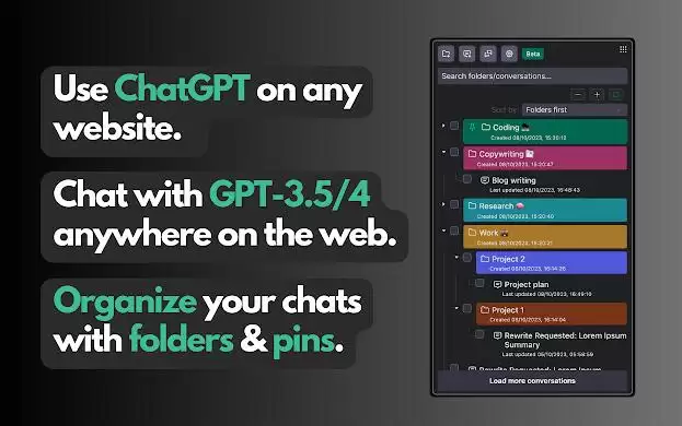 ChatGPT Folders & GPT-3.5/4 AI Online Copilot : 创建ChatGPT文件夹，与ChatGPT 3.5/4在任何网页上交流