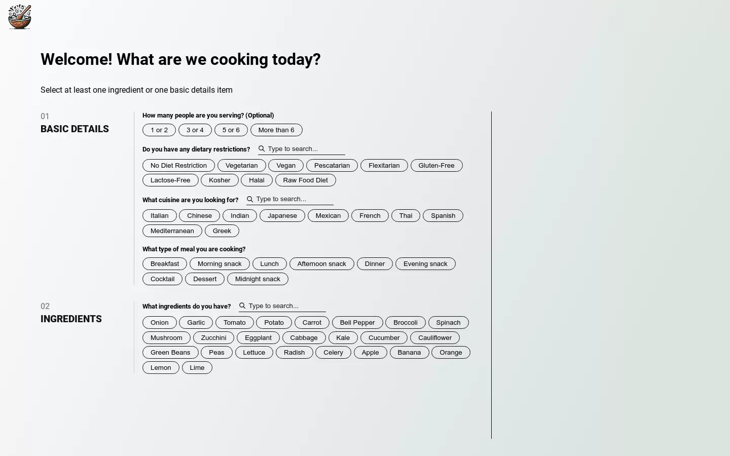 cookii : 选择食材或基本细节，为您提供菜谱