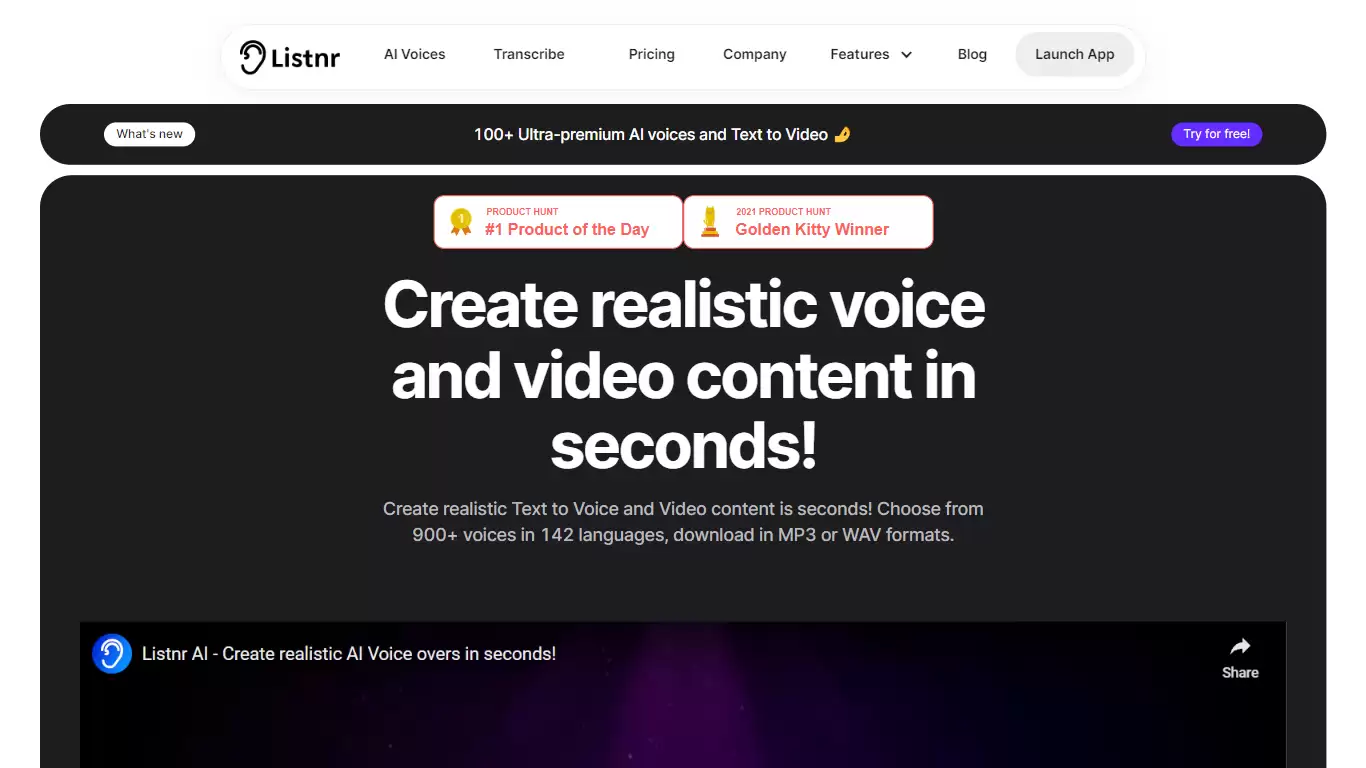 Listnr AI : AI语音和视频生成