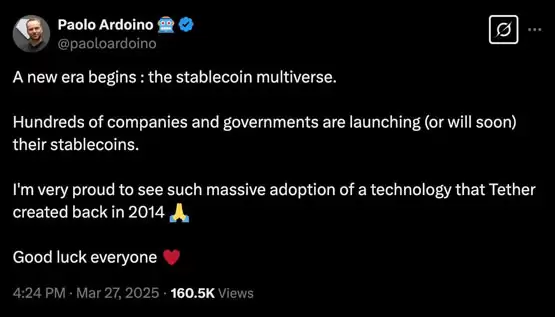 Tether CEO Paolo Ardoino高调喊话:稳定币多重宇宙到来 USDT将迈向十亿用户