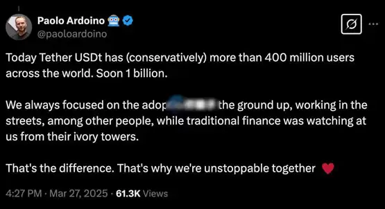 Tether CEO Paolo Ardoino高调喊话:稳定币多重宇宙到来 USDT将迈向十亿用户