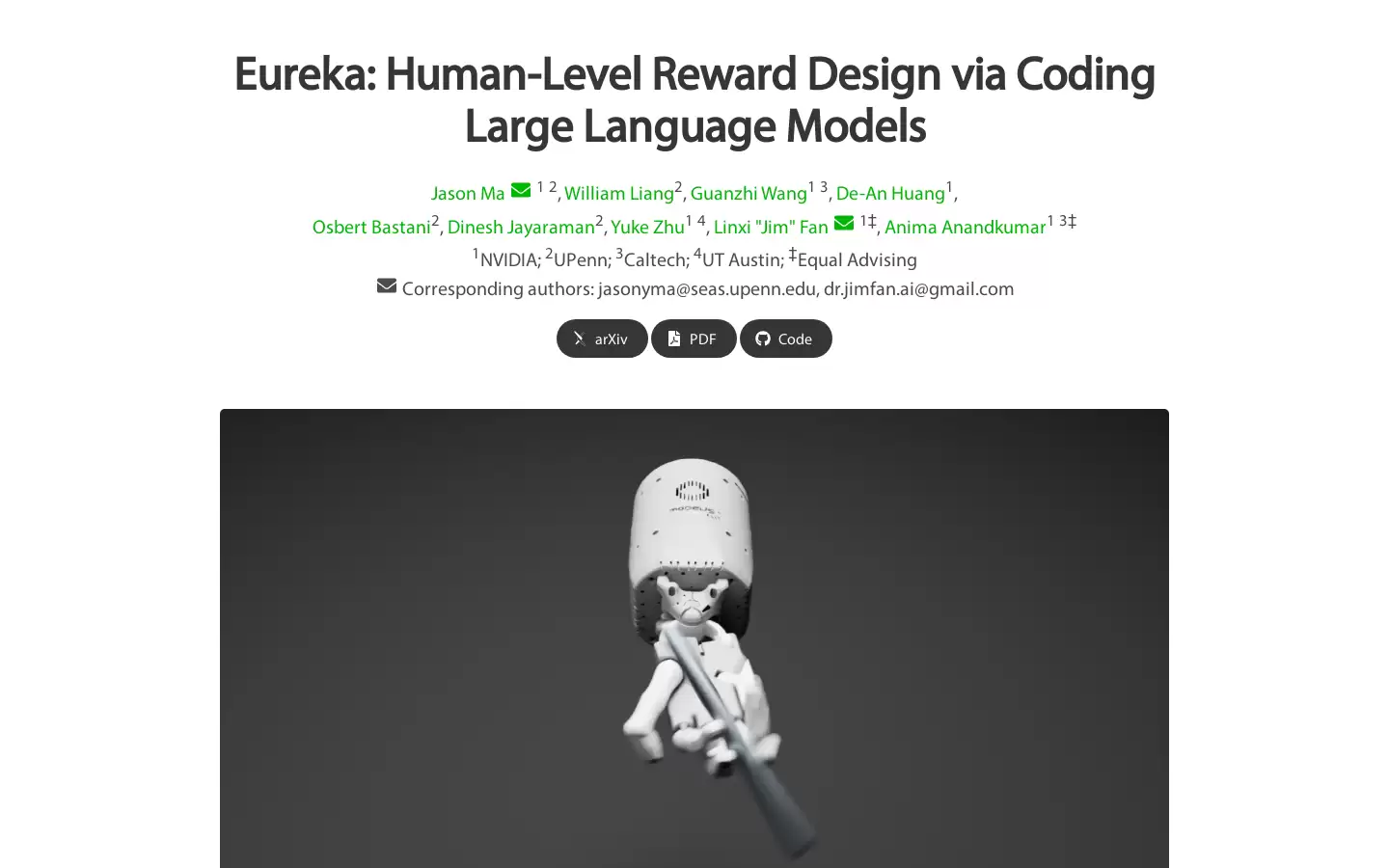 Eureka : 人类级奖励设计算法，通过编码大型语言模型实现