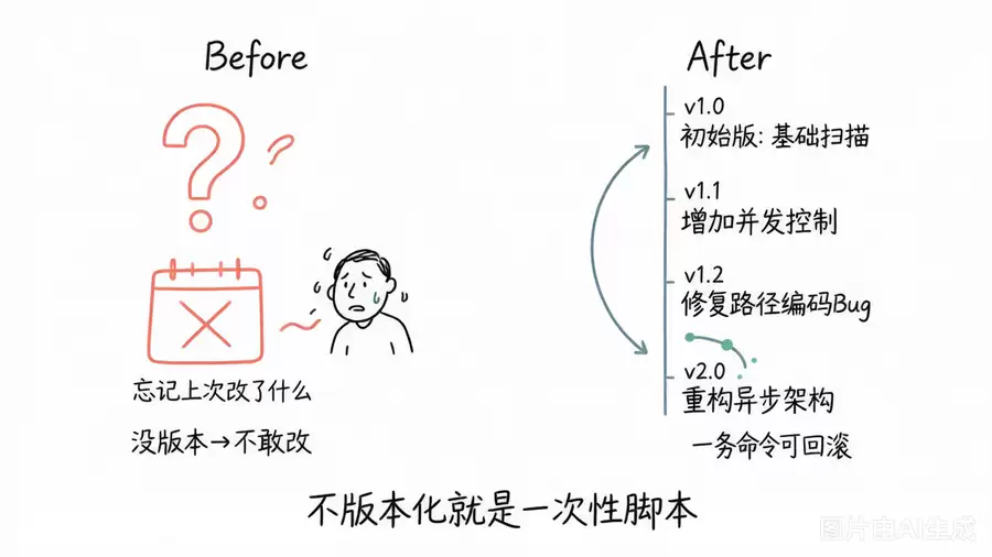 版本化对比:没版本不敢改 vs 版本化 回滚