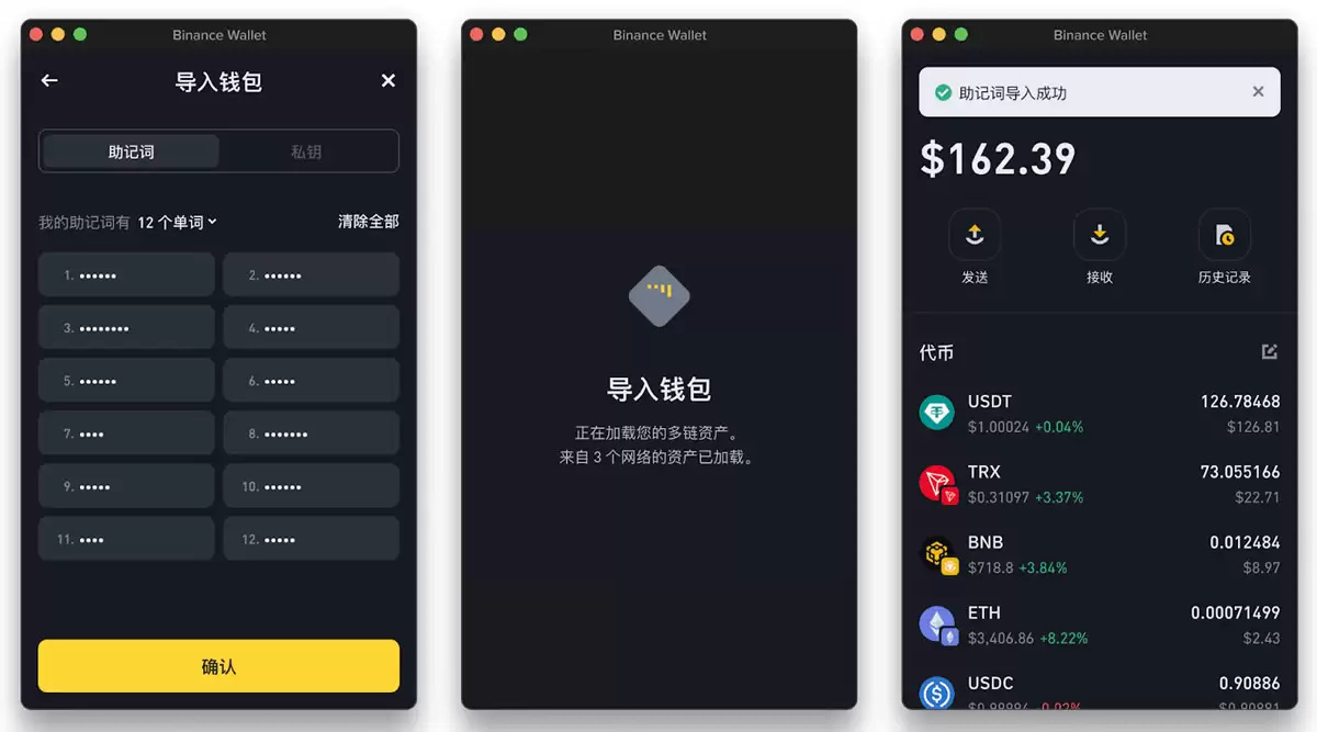 导入助记词资产工具界面