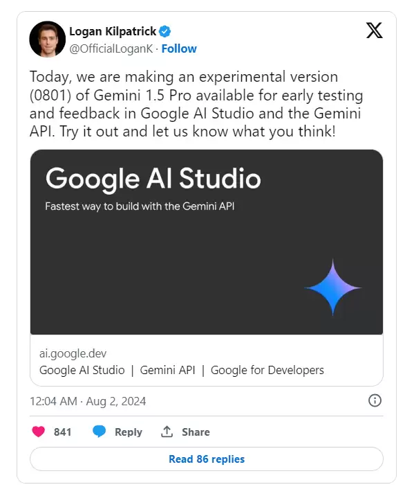 谷歌推超强多模态模型Gemini 1.5 Pro，排名领先GPT-4o、 Claude-3.5 Sonnet