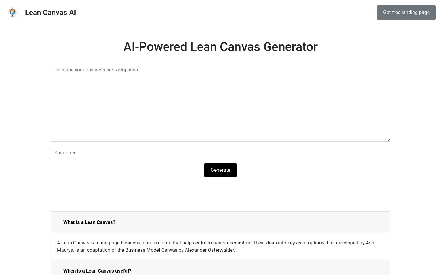 Lean Canvas AI : AI驱动的精益画布生成器，免费生成落地页