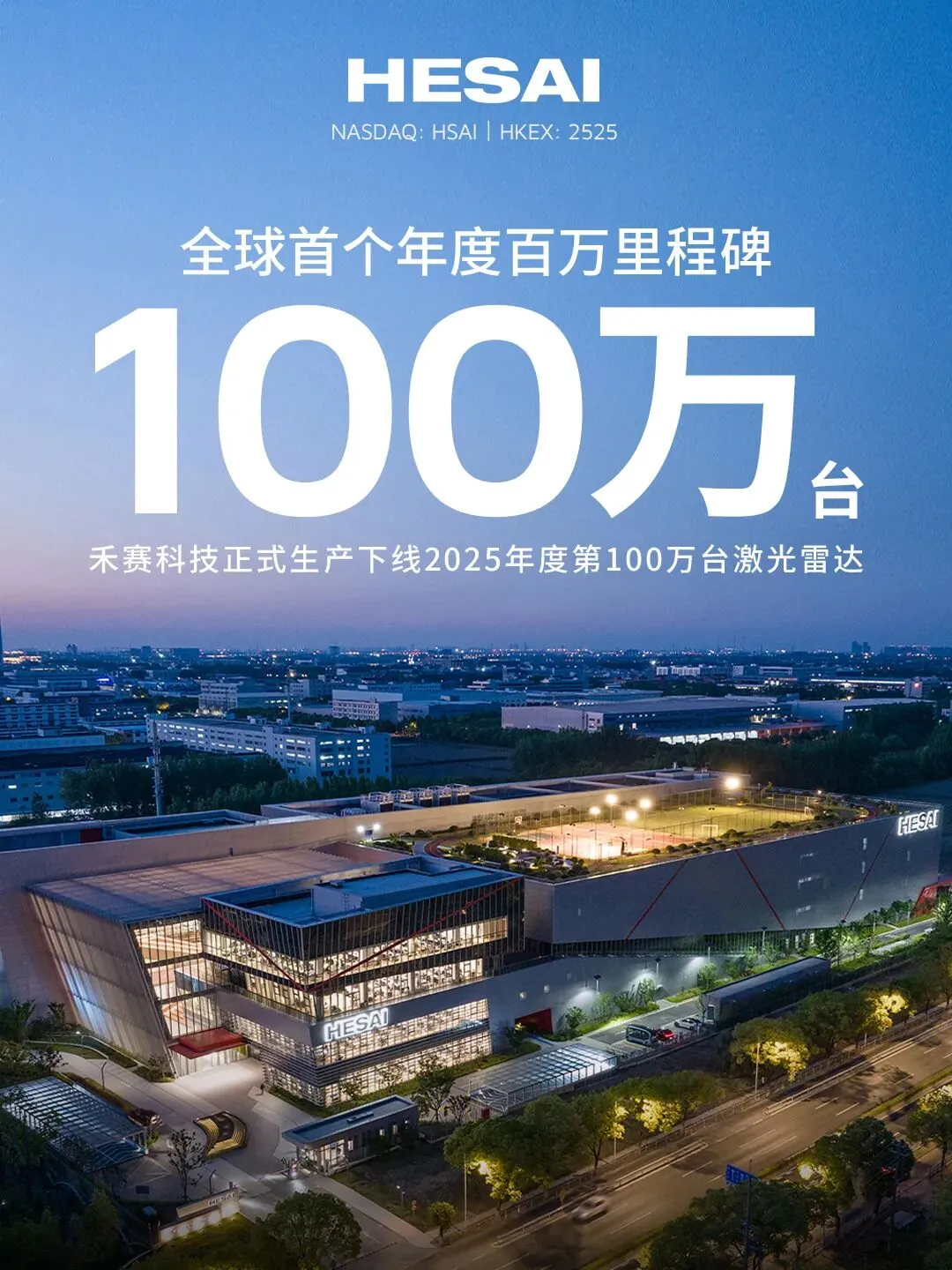 全球首个,禾赛科技今年第 100 万台激光雷达下线