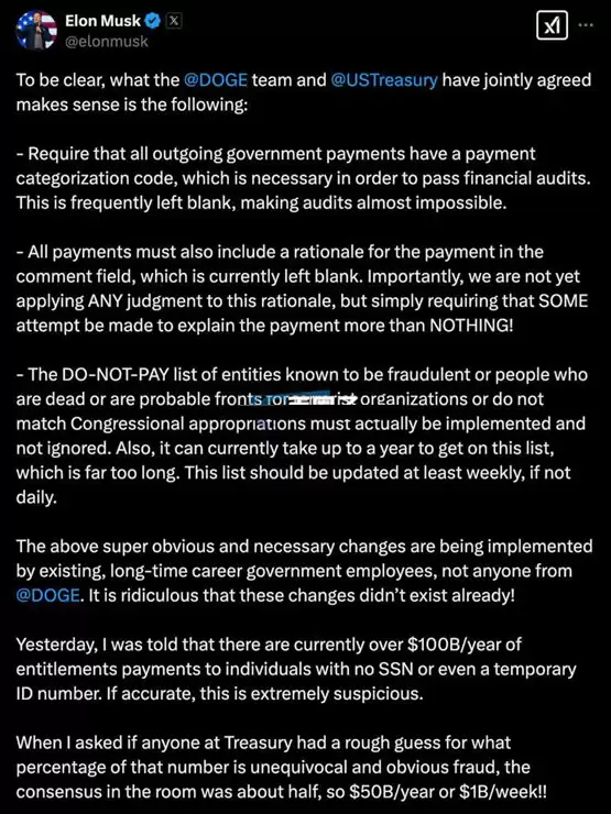 马斯克DOGE已帮美国省下367亿美元!Coinbase CEO:财政收支必须上链