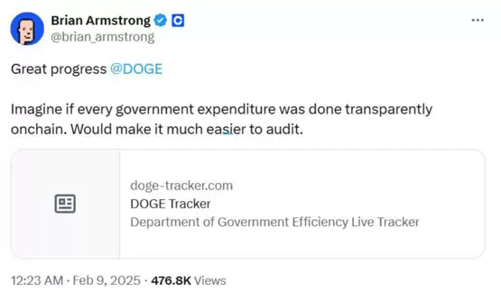 马斯克DOGE已帮美国省下367亿美元!Coinbase CEO:财政收支必须上链