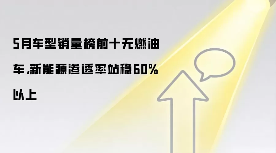 5月车型销量榜前十无燃油车,新能源渗透率站稳60%以上