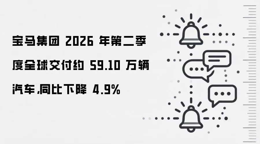 宝马集团 2026 年第二季度全球交付约 59.10 万辆汽车，同比下降 4.9%