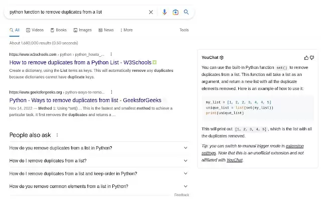 YouChat AI for Google : 在Google搜索结果旁显示YouChat AI响应