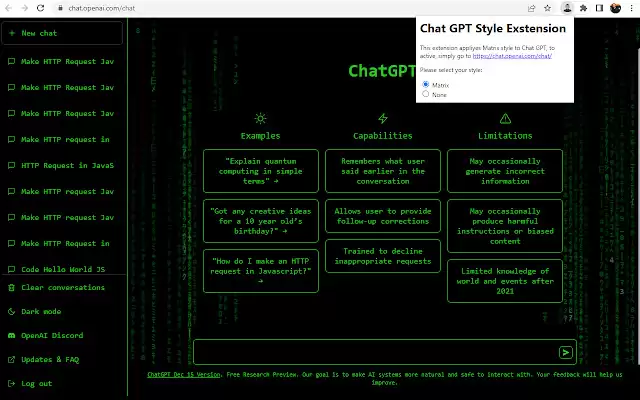 Chat GPT Cyber/Matrix style : Chat GPT风格定制插件